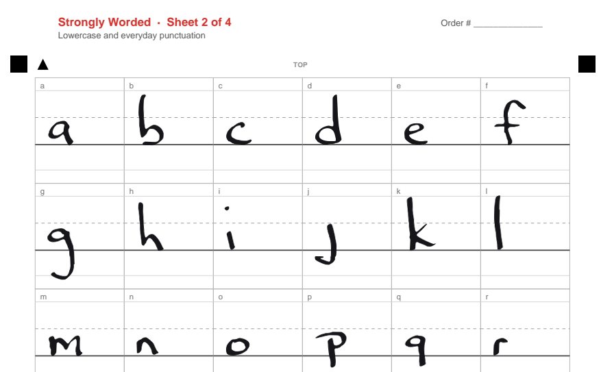 The same page filled in by hand, one letter per box